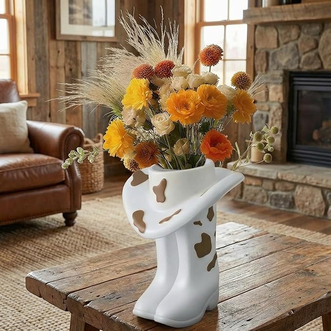 Brown Cowgirl Boot Vase Centerpiece Boot Shape Boxes Decorations West Cowgirl Home Decor Western Country Accent Vase Hat Planter for Modern Aesthetic Room Wedding Decor
