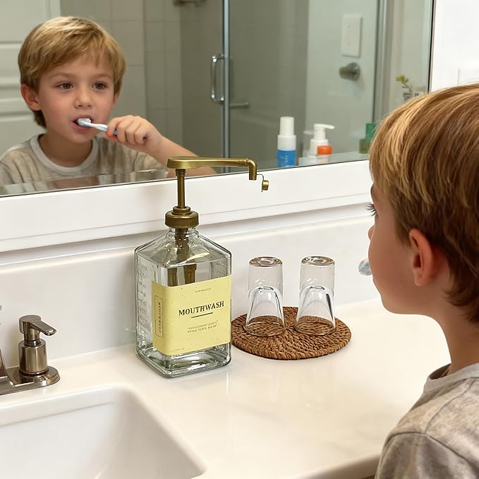 eBun Goldengleam Glass Mouthwash Dispenser (Gold Plastic Pump) 37oz Mouthwash Pump Dispenser, Mouth Wash Holder with Rinse Cup, Mouth Wash Glass Bottle, Decanter, Large Bottle for Bathroom Set