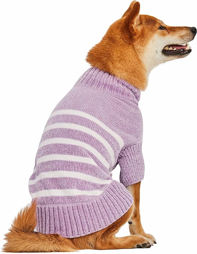 Blueberry Pet Cozy Soft Chenille Classy Striped Dog Sweater in Lavender Frost, Back Length 10", Pack of 1 Clothes for Dogs