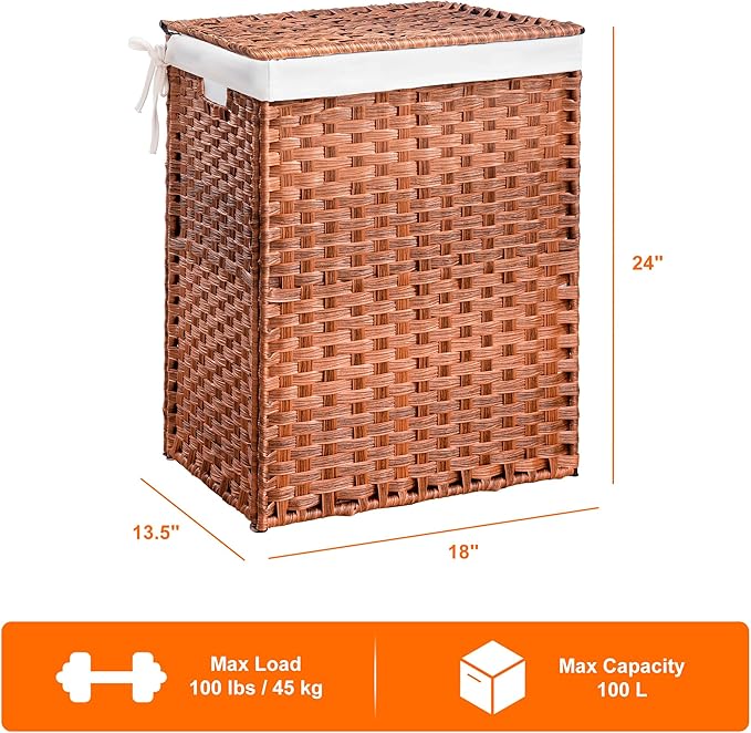 HYCHIKA Laundry Hamper with Lid, 26.4 Gallon (100 L) Wicker Laundry Basket with Removable Bags, Woven Clothes Basket for Bedroom, Bathroom (18.3" * 13.5" * 24")