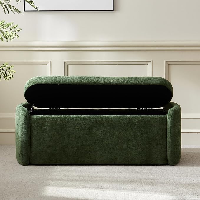 VKNOW Oval Storage Ottoman Bench, 46" Upholstered End of Bed Bench Ottomans Bench Foot Rest, Sherpa Storage Bench for Bedroom, Living Room and Hallway, Green