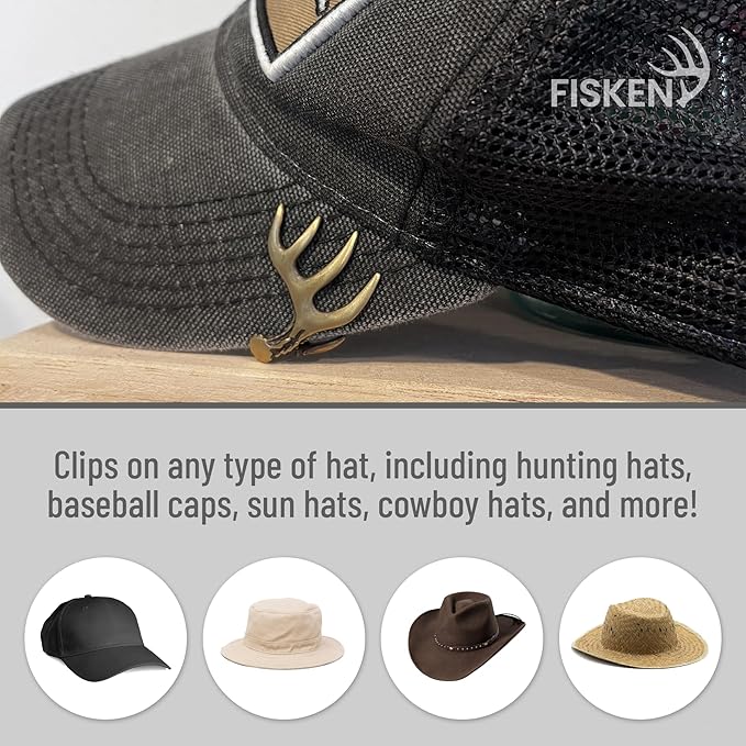 Fisken Hat Clip for Hunters - Brass Brim Clip, 10-Point Buck Antler Design - Squeeze On Any Hat - Durable & Stylish - Perfect Hunting Gift for Men & Women - USA Designed by Bow Hunter