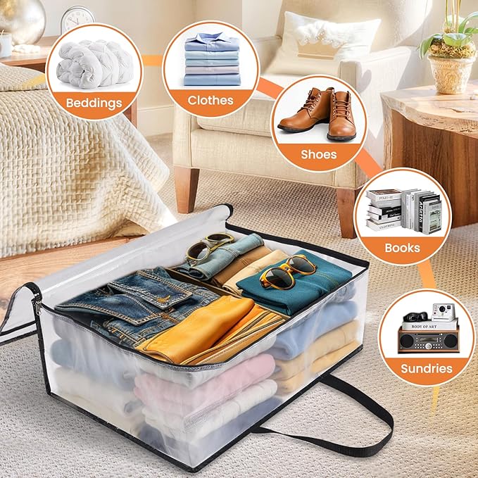 4 Pack Clear Storage Bags for Comforter, Clothes & Bedding, Plastic Blanket Storage with Zipper and Handle, Moving Bags, Closet Organizer and Under-Bed Storage (60L)
