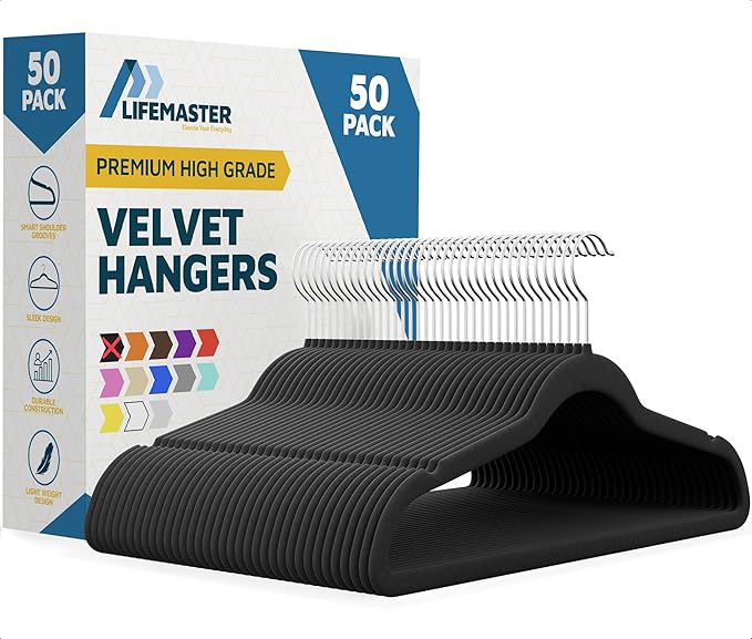 Lifemaster Velvet Non-Slip Plastic Hanger Set - 50 Pieces Non-Slip Clothes Hanger Set with 360° Swivel Hook, Space-Saving, Sleek Design, Smooth Velvet Finish, Lightweight Construction - Black