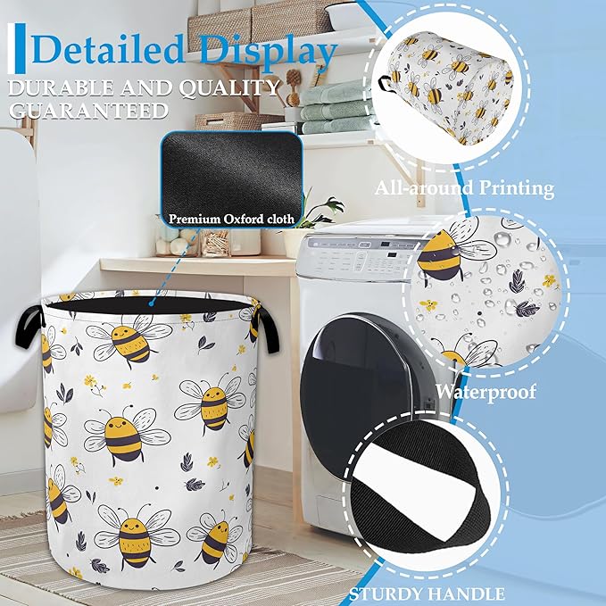 Bee Cartoon Laundry Basket Collapsible Oxford Organizer Basket for Storage Bin Toy Bins Gift Baskets Bedroom Clothes Children Nursery Hamper 16 X 20.8 Inch