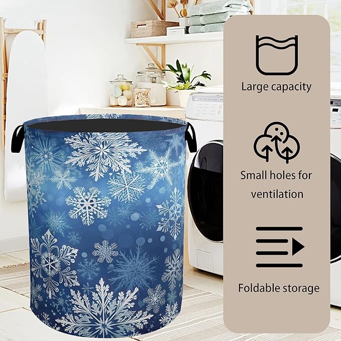 Winter Snowflakes Large Clothes Hamper Bag - Laundry Basket with Handles, Space Saving Foldable Design for Nursery