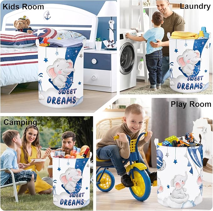 Sleeping Animals Baby Laundry Hamper Collapsible Clothes Kids Storage Basket Large Boys Girls Gift Toy Box Bin for Nursery, Elephant, 63L