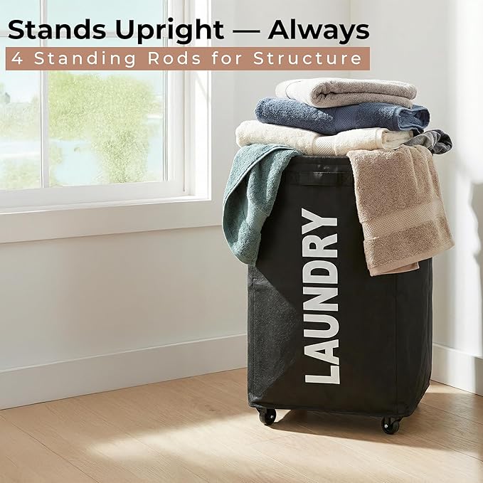75L – Lockable Wheels Laundry Basket – Support Rods & Box Base – Tall Slim Laundry Hamper – Clothes Hamper – Rolling Cart on Wheels – Heavy Duty Black Laundry Basket – Bathroom, Bedroom & Dorm