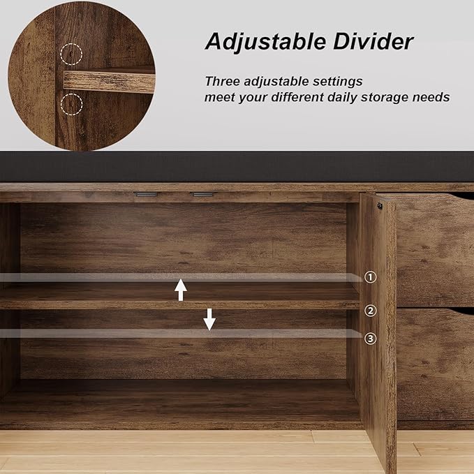 LVB Entryway Shoe Bench, Rustic Storage Bench with Cushioned Seating, Long Hidden Shoe Organizer Bench with 2 Drawers, Industrial Wooden Shoe Benchs in Hallway Living Room Bedroom, Rustic Brown, 40in