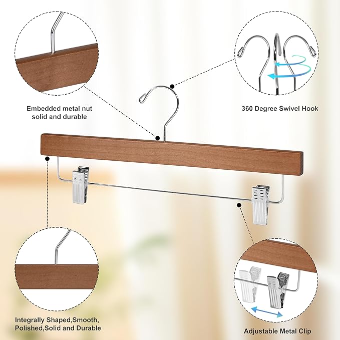 Quality Hangers Wooden Pants Hangers - 20-Pack Swivel Hook Cloth Hanger Set - Lotus Wood Skirt, Pant, Shorts and Slack Hangers with Adjustable Clip (Walnut - Chrome Hook, 20)