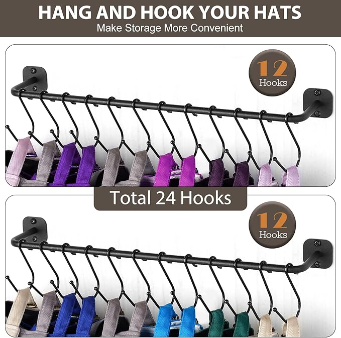 Hat Rack for Wall 24 Baseball Caps, 2 Pack Modern Metal Hat Organizer with 24 Hooks Hat Holder Wall-Mounted Storage Display for Closet Bedroom Entryway Laundry Black