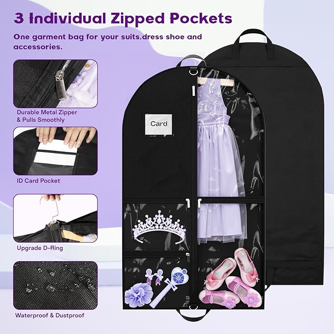 2Pack Dance Garment Bags for Dancers, 40" Garment Bags for Hanging Clothes with 3 Clear Zipper Pockets, Cheer Uniform Garment Bag for Suits, Travel & Sports Jersey, Cheer Uniform(Black, 2Pack 40")