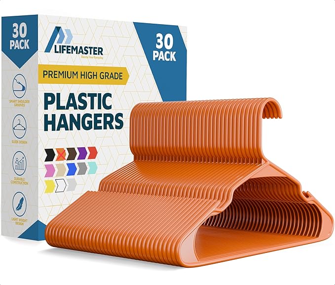 Lifemaster Plastic Clothes Hangers – Heavy Duty Hanger Set, for Organizing Clothes, Dresses, and Coat, Holds Up to 5 lbs, Space-Saving Hangers with Non-Slip Shoulder Grooves, Pack of 30, Orange