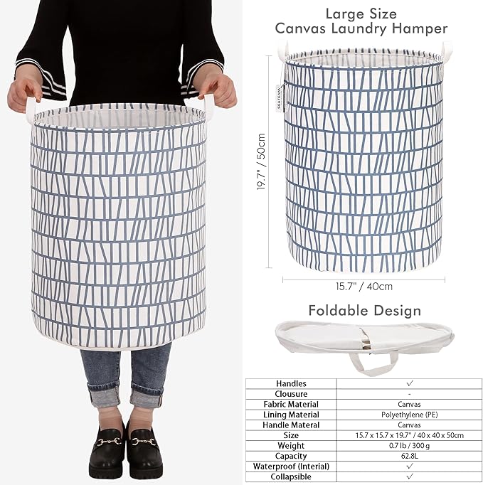 Sea Team 19.7 Inches Large Sized Waterproof Coating Ramie Cotton Fabric Folding Laundry Hamper Bucket Cylindric Burlap Canvas Storage Basket with Stylish Branch Blue Design