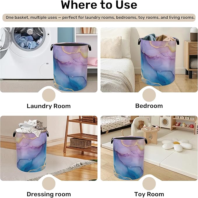 Blue Pink Marble Laundry Basket with Handles - Extra Large Foldable Hamper for Bathroom/Laundry/Bedroom/Dorm, Washable Fabric Storage Bin