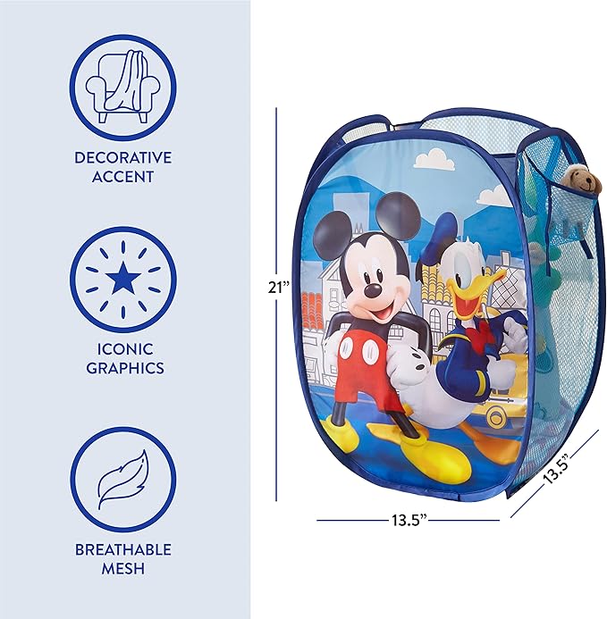 Mickey Mouse Pop Up Laundry Hamper with Durable Carry Handles,Blue Kids Clothes Storage, 21" H x 13.5" W x 13.5" L