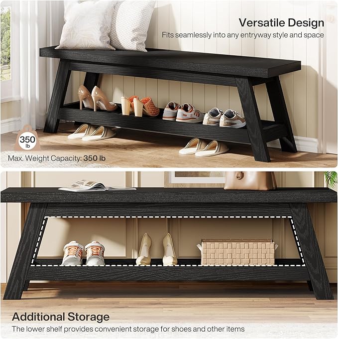 Tribesigns Wood Black 2-Tier Entryway Bench with Shoe Storage, 55" Large Narrow Hallway Foyer Seating Bench with Open Shelves for Entryway, Bedroom, Mudroom