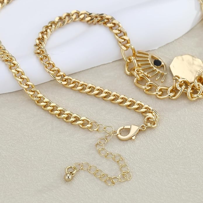 Chunky Gold Necklace for Women Gold Evil Eye Cowboy Pendant Necklace Dainty Paperclip Chain Vintage Luck Amulet Choker Necklaces Celestial Jewelry Gift