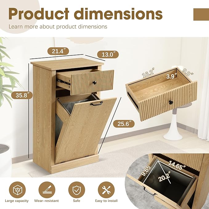 Grepatio Fluted Laundry Hamper, Tilt Out Laundry Hamper Cabinet, 11 Gallon Hidden Trash Can, Wooden Garbage Can Cabinet with Drawer, Free Standing for Bathroom, Kitchen (Natural, Single)