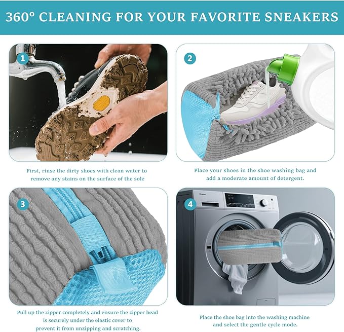 XXL Shoe Washing Machine Bag - 2 Pcs Shoe Laundry Bag for Washer and Dryer, Reusable Shoe Cleaning Bag for All Shoe Sizes,360° Deep Clean for Sneakers Tennis Shoes Running Shoes,Include 1 Brush (Grey)