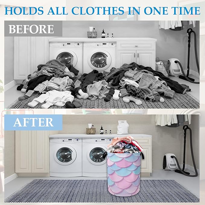 Mermaid Scale Laundry Basket Collapsible Laundry Hamper Oxford Storage Bin for Clothes Storage, Toy Organizer, Books and Sundries 16" X 20.8"