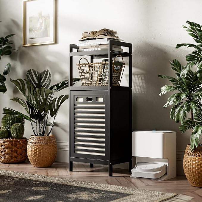 HITNET Tilt Out Laundry Hamper, Bamboo Bathroom Cabinet with Pull Out Removable Bag and 2 Tier Storage Shelves, 8.5 Gallon Clothes Basket with Metal Handle, Black
