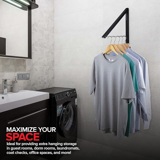 Single Foldable Clothing Rack, Wall-Mounted Retractable Clothes Hanger for Laundry Dryer Room, Hanging Drying Rod, Small Collapsible Folding Garment Racks, Dorm Accessories (Black)