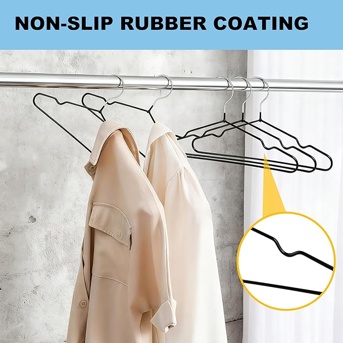 Quality 16-Inch ClosetMax Metal Non-Slip Hangers – 50-Pack – Thin 3.6MM Space Saving with PVC Rubber Coating, Anti-Rust, Chrome Hook – for Everyday Lightweight Clothing (50, Black, 16 Inch)