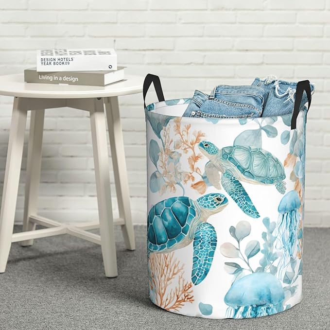 Sea Turtle Ocean Laundry Hamper, Collapsible Storage Basket with Handles for Clothes, Bedroom, Bathroom 19.6 x15.7 Inch