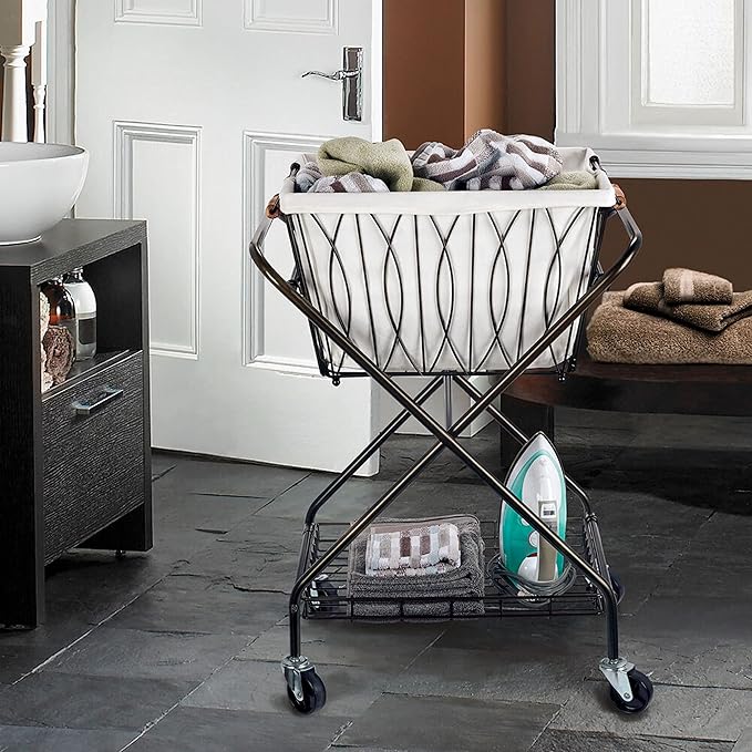 Artesa Verona Collapsible Laundry Cart with Basket, Black Large