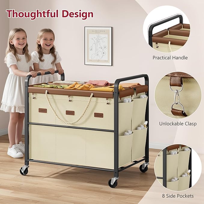 Tajsoon 295L Extra Large Laundry Hamper 6 Section, Heavy Duty Laundry Cart with Wheels, Commercial Laundry Sorter with Sturdy Metal Frame, Removable Bags & Leather Patchwork, Beige