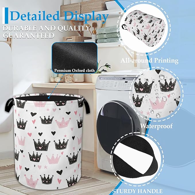 Pink Crowns Laundry Basket Collapsible Laundry Hamper Clothes Toy Storage Bin for Bathroom Bedroom Room Decor 16" X 20.8"