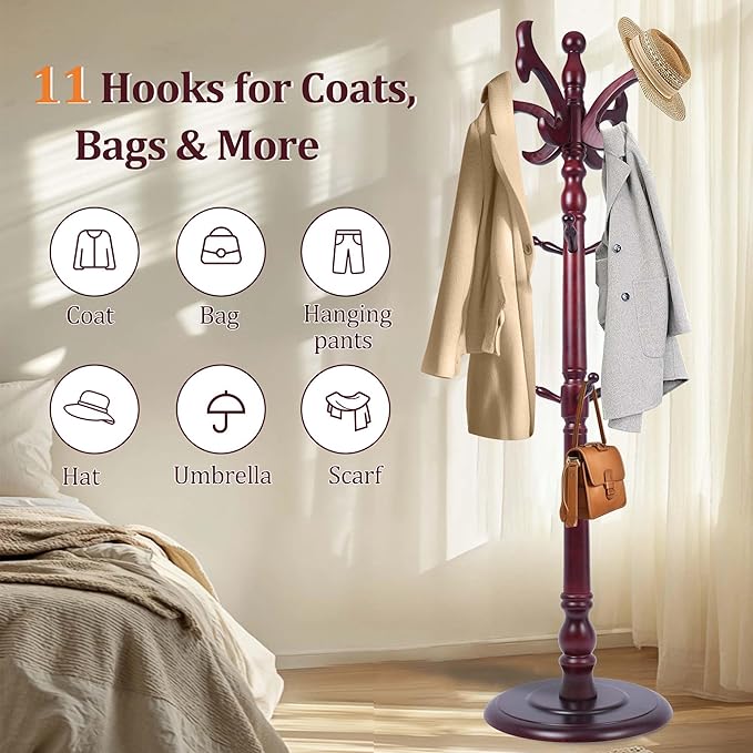 73" Wooden Coat Rack Freestanding, Coat Rack Stand With 18 Hooks And Round Solid Wood Base，Adjustable Height, Easy To Assemble For Entrance Hallway Office Living Room Bedroom (fishtail)
