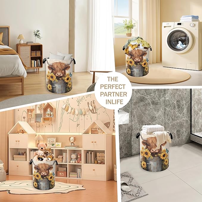 Cute Highland Cow Laundry Hamper,Watercolor Sunflower Collapsible Laundry Baskets,Waterproof Oxford Cloth Laundry Room Organization for Bedroom,Bathroom,Nursery,16x20 Inch
