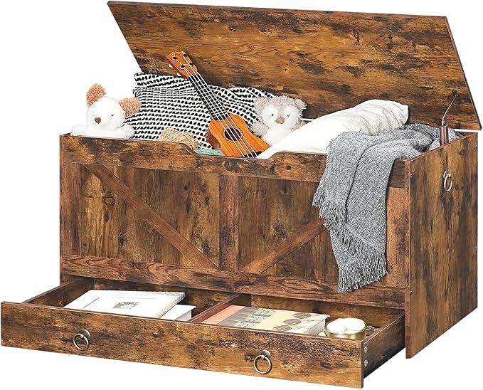 HOOBRO Storage Chest, 39.3" Toy Chest with Drawer, Wooden Storage Bench, Sturdy Entryway Bench Supports 220 lb, Shoe Bench, Safety Hinge, U-Shaped Opening, Easy Assembly, Rustic Brown FG710CW01G1