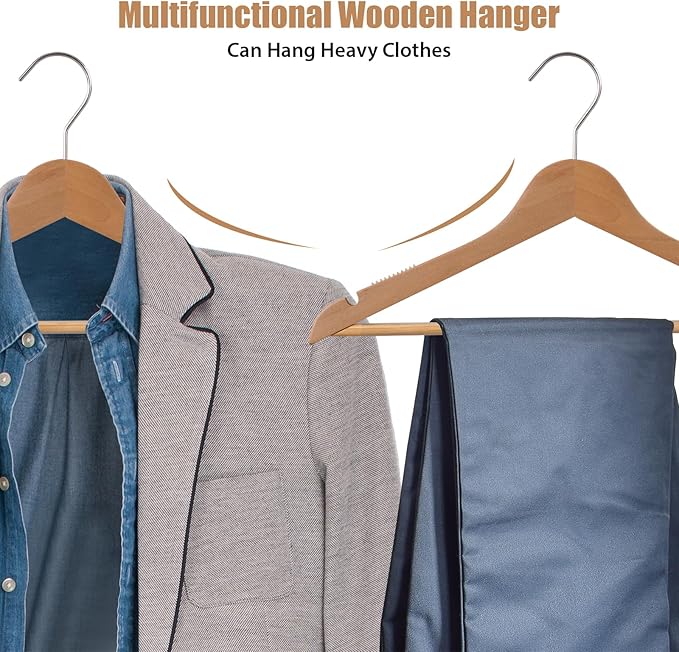 20-Pack Wooden Hangers, Schima superba Hanger, Natural Wood Suit Hangers with Non-Slip Trouser Bars, Hanger for Shirts, Jackets, Dresses, Wedding Dresses