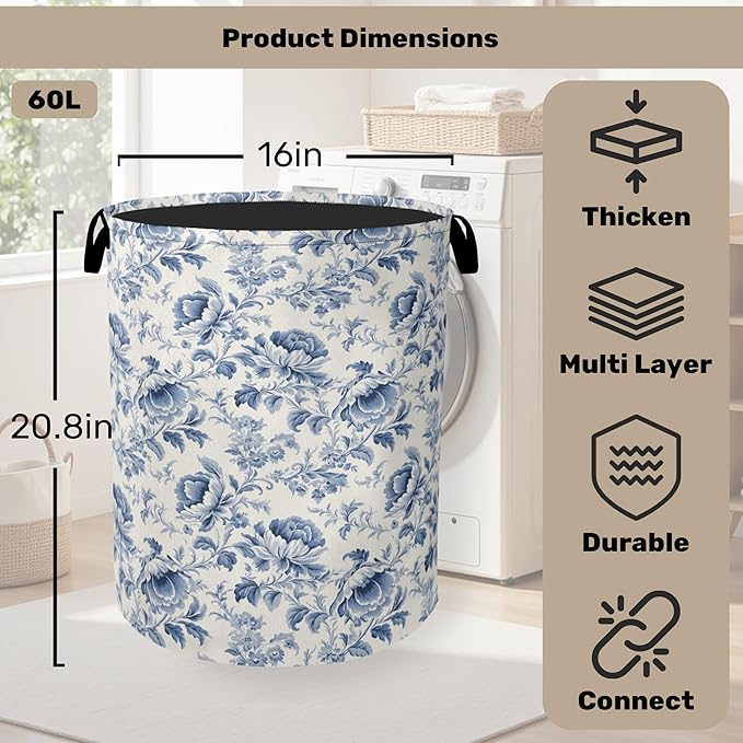 Beige Navy Blue Floral Laundry Basket with Handles - Extra Large Foldable Hamper for Bathroom/Laundry/Bedroom/Dorm, Washable Fabric Storage Bin