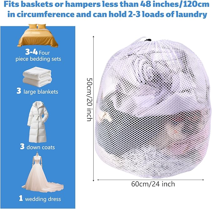 20x24 Inch Mesh Laundry Bag with Drawstring, Machine Washable White Net Washing Bag for Home Travel Hotel College Dorm Apartment Wash