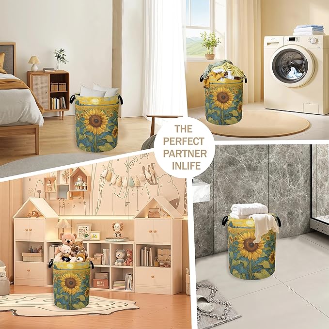 Retro Sunflower Field Laundry Basket,Rustic Farmhouse Clothes Hamper,Oxford Cloth Collapsible Nursery Hamper Storage Organization for Bedroom,Bathroom,Office,College Dorms,16x20 Inch