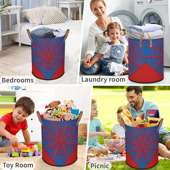 Large Laundry Hamper Basket Blue Spider Web Round Collapsible Storage Organizer Bin for Kids Room, Boys, Nursery, Closet, Bedroom, Playroom, Toys, Dirty Clothes, 16"W x 20"H