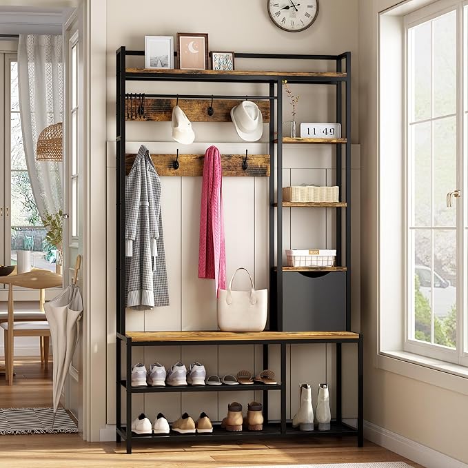 Hall Tree with Storage Bench, Coat Rack Freestanding, Entryway Bench with Storage, Coat Rack with Shoe Storage, 5-In-1 Hall Tree with 12 Hooks for Entryway, Hallway