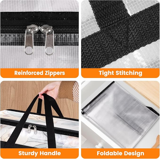 BlissTotes 6 Pack Clear Clothes Storage Bags, Moving Bags, Foldable Blanket Storage Under Bed Storage Containers with Sturdy Zipper and Handle for Clothing, Comforter, Bedding, Sheet (60L)