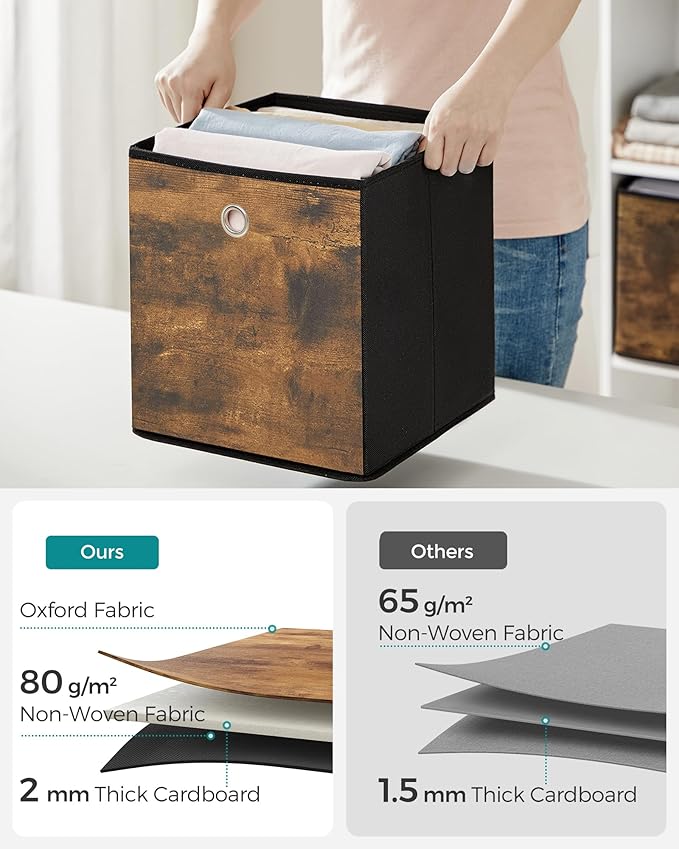 SONGMICS Storage Cubes, Set of 6 Storage Bins with Handles, Foldable Oxford Fabric and Non-Woven Fabric Storage Boxes, 13x13x13 Inches, Fit Cube Storage Unit, Rustic Brown URFB133B01
