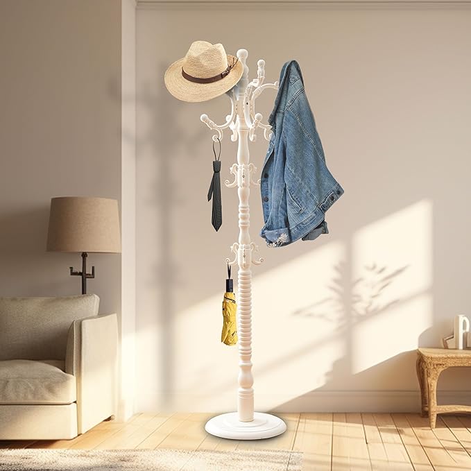 Solid Wood Coat Rack Freestanding Coat Tree with 18 Hooks, 3 Adjustable Height Sturdy Coat Racks Tree for Coats, Hats, Bags, Vintage Wood Coat Tree Hanger Stand for Living Room,Entryway,Office