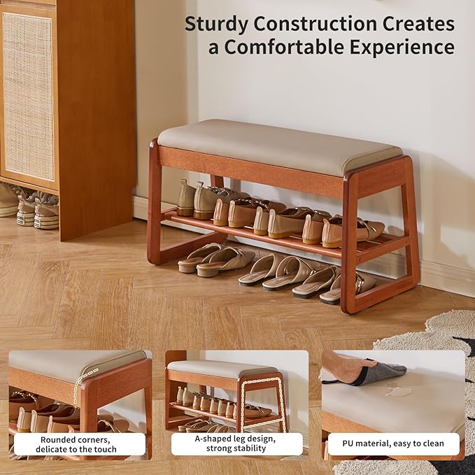 Wood Shoe Bench with Flip-Top Storage, 2-Tier Entryway Shoe Bench, 31.5in Shoe Rack with Cushion for Living Room, Cherry Wood Color YD-WD061C
