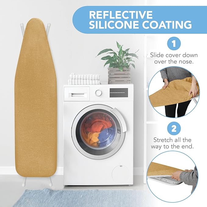 HOLDN’ STORAGE Ironing Board Cover - Silicone-Coated, Scorch-Resistant 15 x 54 Padding with Hook & Loop Straps, Cover Fits All Standard Sizes - Gold