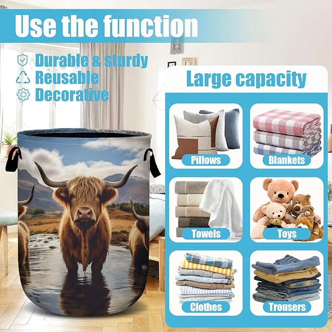 Scottish Highland Cattle Laundry Basket, Laundry Hamper Collapsible Oxford Cloth with Handle Clothes Toy Storage Bin for Bathroom Laundry Room Bedroom 15.7 X 20 Inch