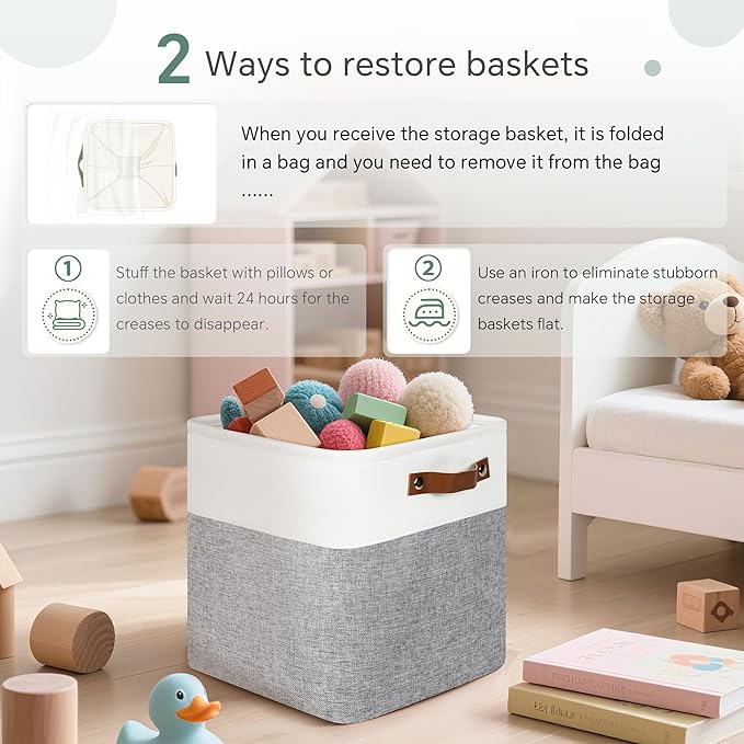 Cube Storage Baskets 6 Pack, 11x11 inch Cube Storage Bins with Leather Handles for Shelf Closet (White/ Gray)