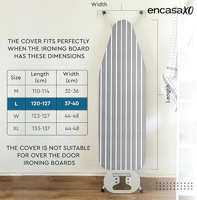 Encasa XO Ironing Board Cover and Pad 54"x15" - 4mm Felt Large Iron Board Cover with Padding, Stain-Safe Dye, Non Slip, Elastic Bungee Cord Tightening, Heat Resistant Roma Grey Stripes