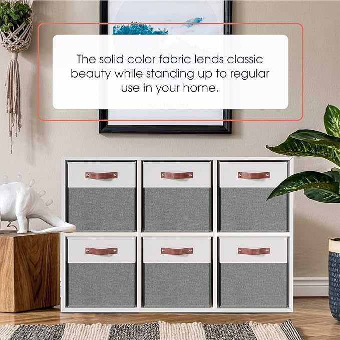 Ornavo Home 11 x 11 Storage Cube Bins, Foldable Collapsible Fabric Storage Bins Box Linen Shelf Basket Cube Organizer for Closet with Leather Handles, 6 Pack, White/Gray
